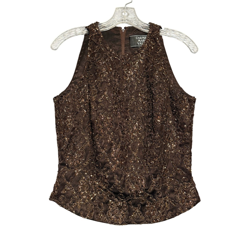 Carmen Marc Valvo Shell Top Womens 8 Brown Beaded Lace Metallic Evening Formal